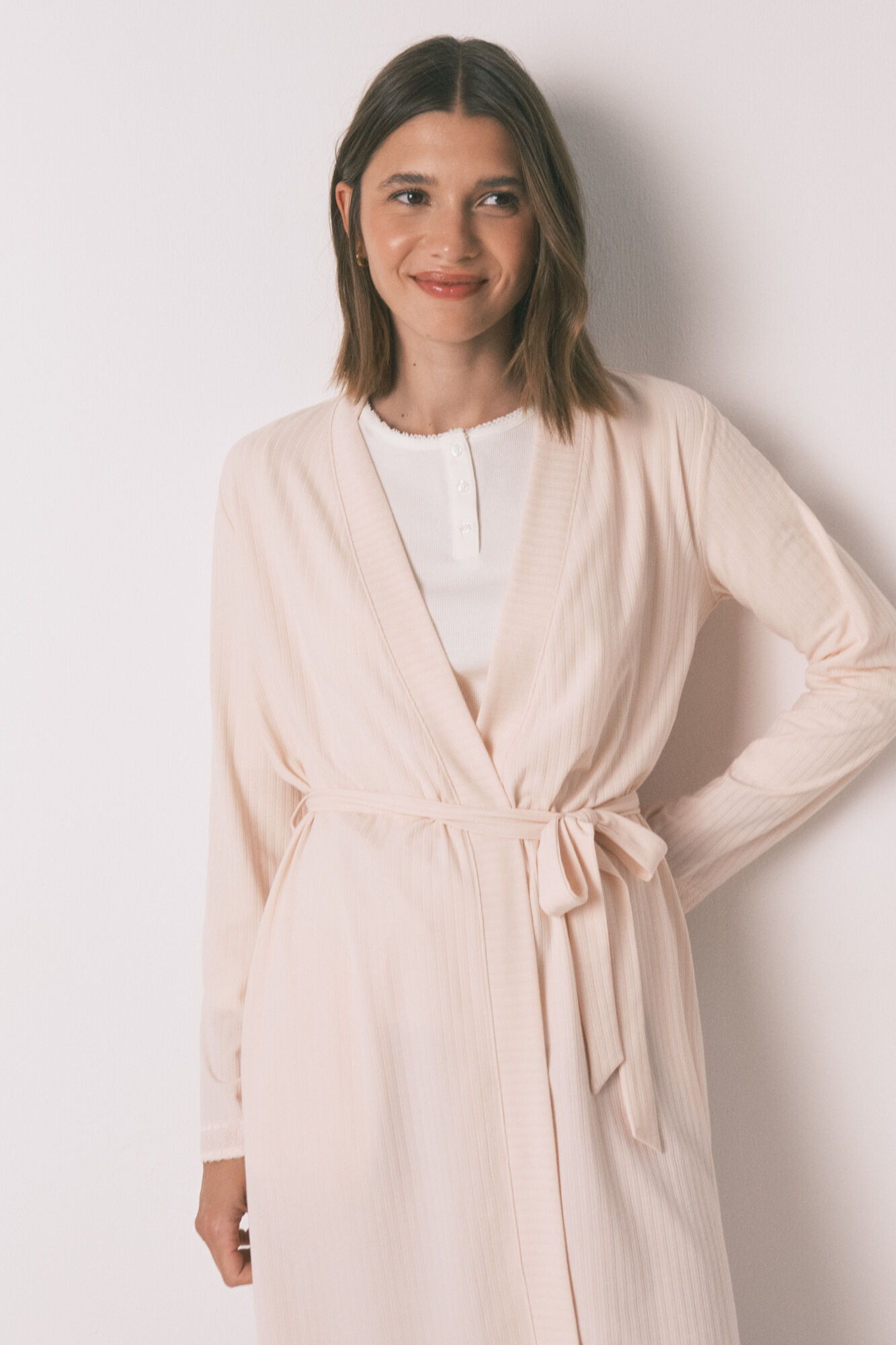 Women'secret Kućni ogrtač ružičasti rebrasti ogrtač