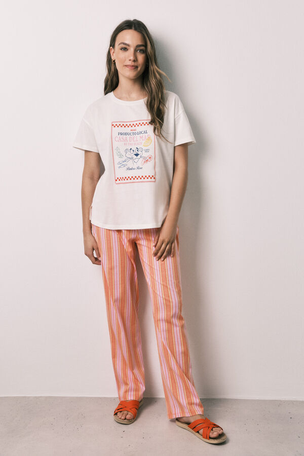 Women'secret Pink Panther striped cotton long pyjamas beige