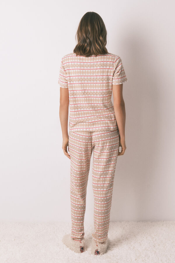 Women'secret Pijama largo textura gofre afelpado cenefas Mafalda  marfil