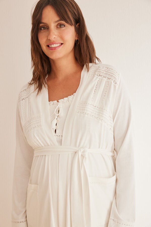 Womensecret White cotton embroidered Maternity robe beige