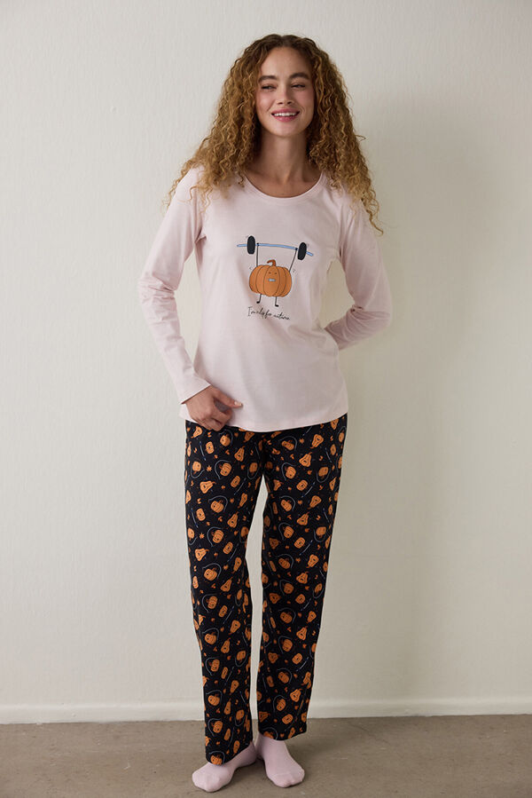 Penti Pumpkin Patterned Crew Neck Long Sleeve Pajama Set printed