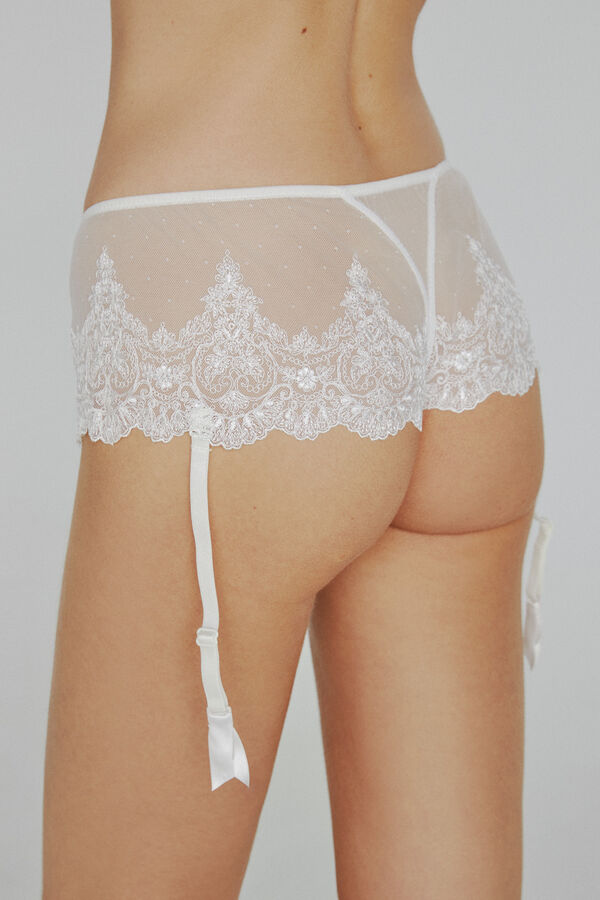Womensecret Culotte Ivette Bridal em microtule plumetti bordado em branco bege