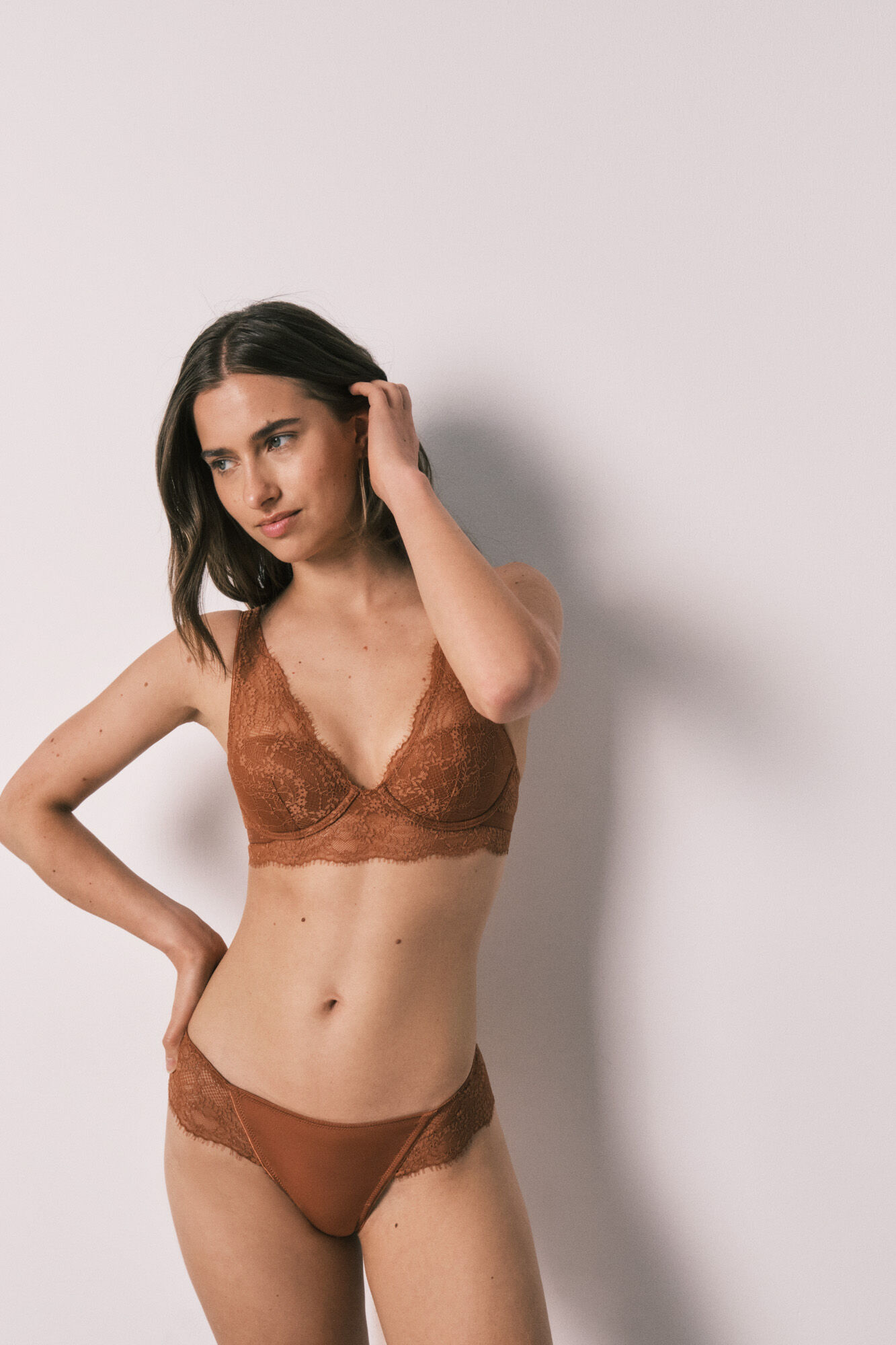 Women'secret Brown microfibre and lace wide Brazilian panty