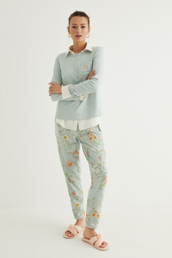 Womensecret Pijama largo flores 100% algodón verde verde