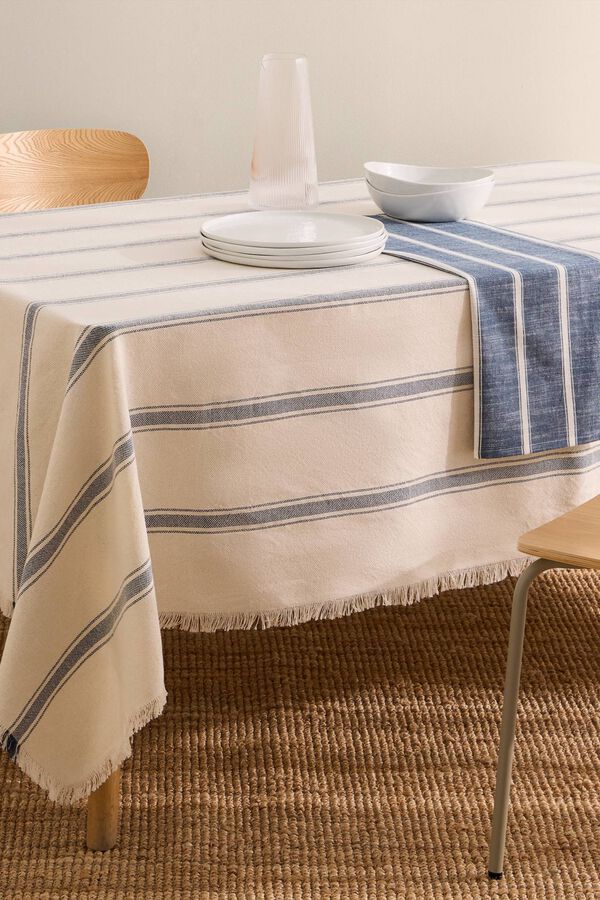 Textura Striped recycled cotton tablecloth blue