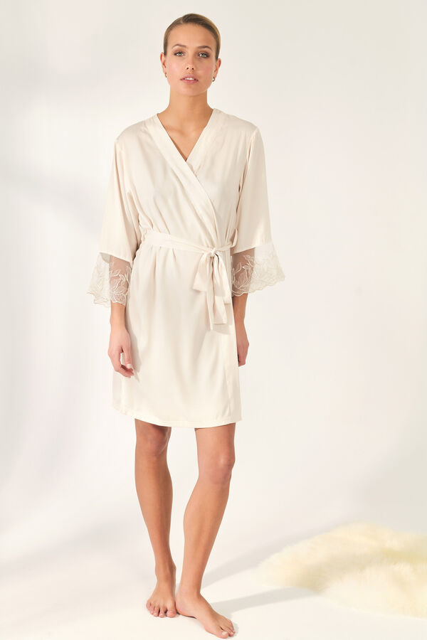 Promise Satin and lace kimono robe beige