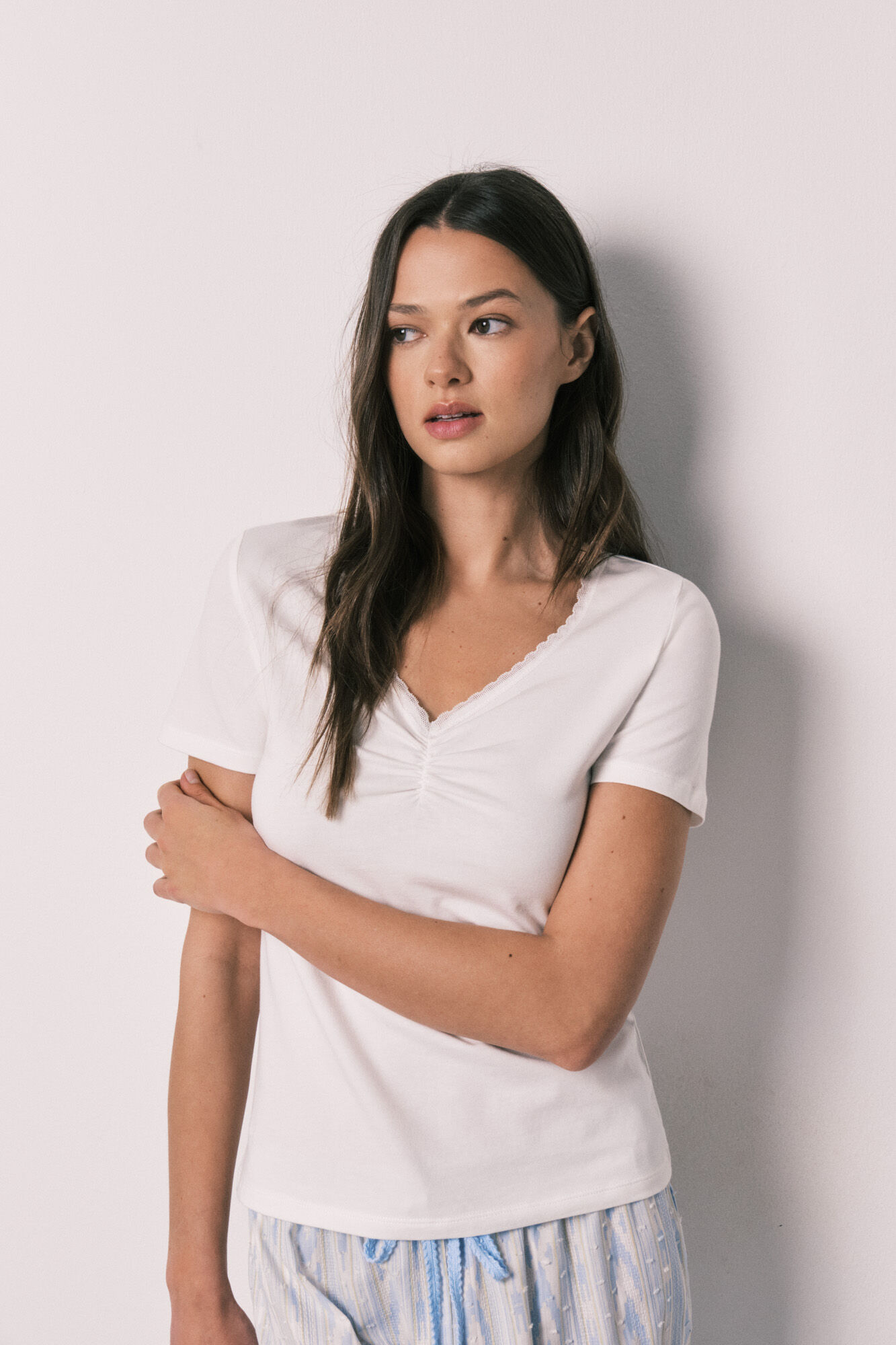 Women'secret Ivory cotton short sleeve long pyjamas