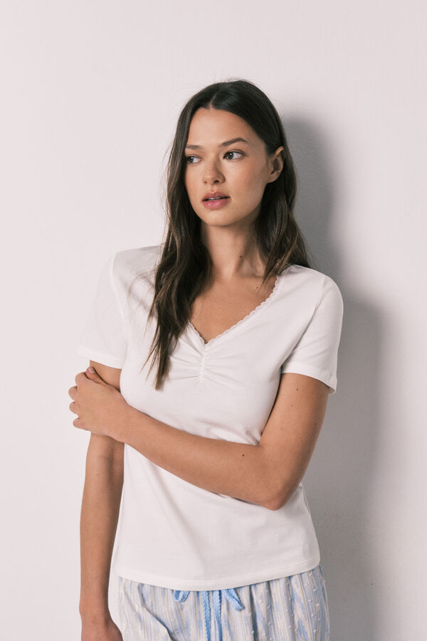 Women'secret Pyjama long en coton &agrave; manches courtes ivoire beige