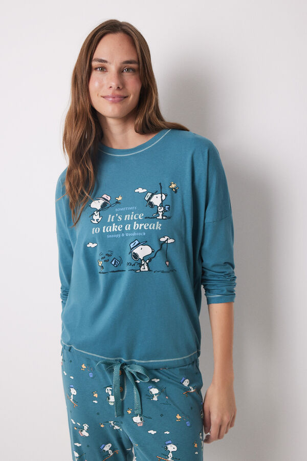 Womensecret Pijama largo 100% algodón Snoopy verde