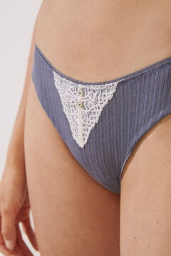 Womensecret Blue ribbed cotton Brazilian panties with lace blue