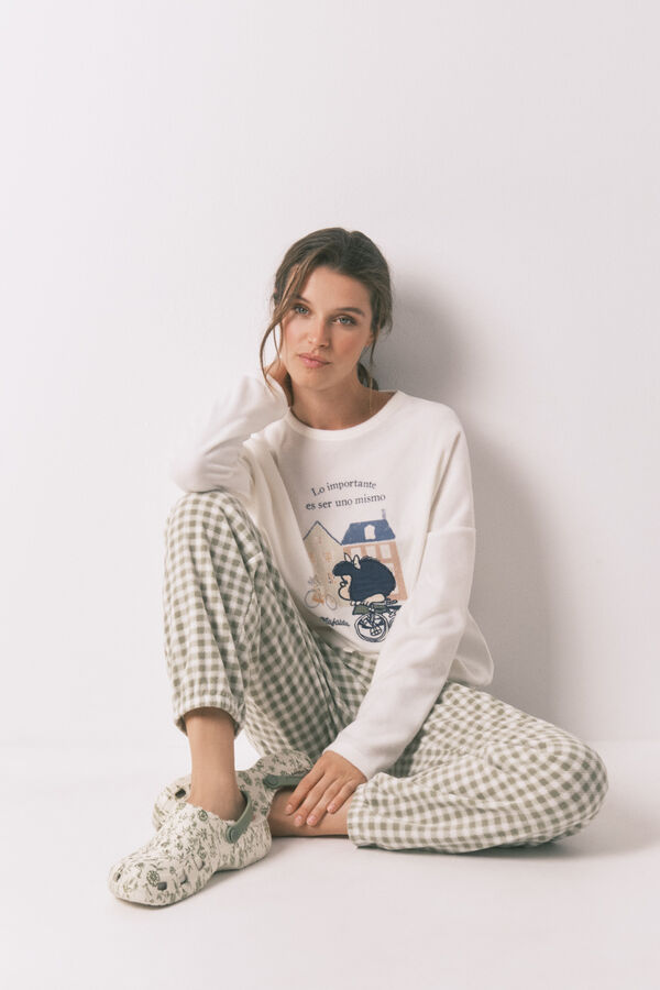 Women'secret Mafalda long fleece long pyjamas with gingham checks beige