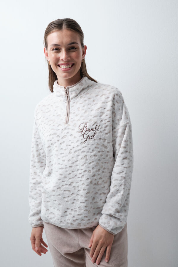Women'secret Pyjama long polaire imprim&eacute; beige