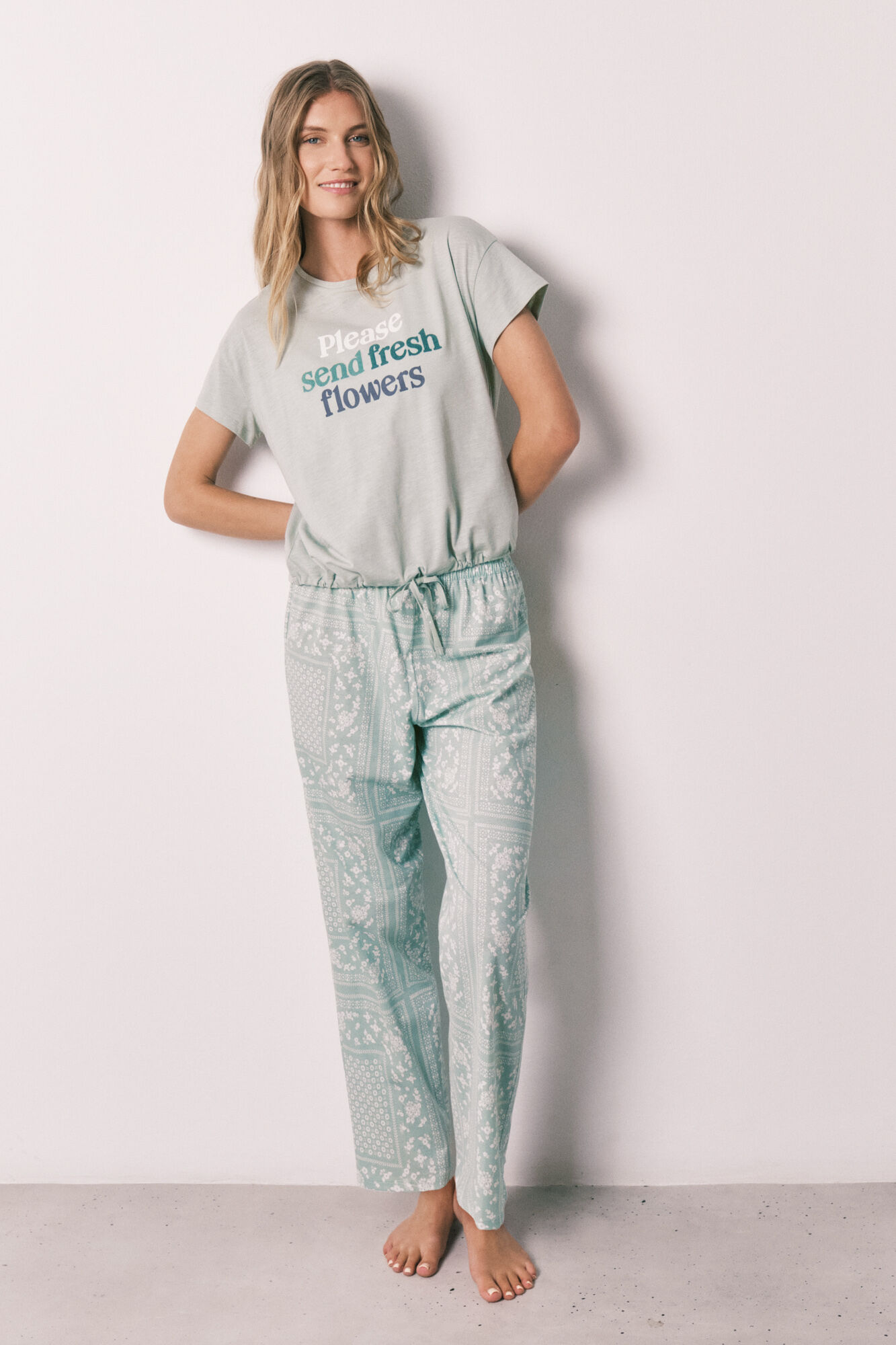 Women'secret Pijama comprido de manga curta em algod&atilde;o estampado bandana verde