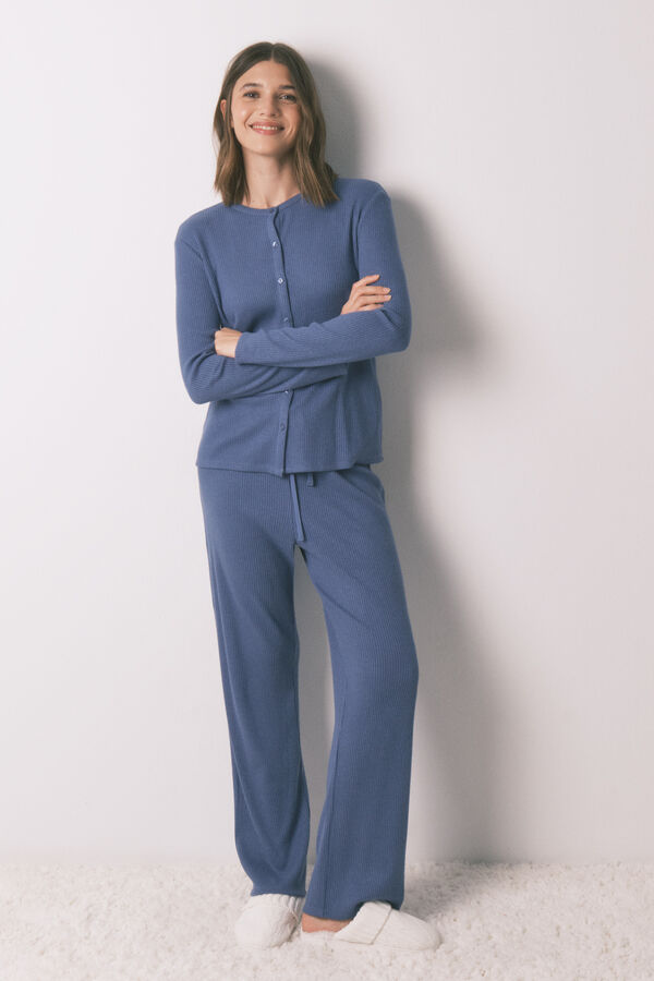 Women'secret Pijama largo canalé efecto brillo azul azul
