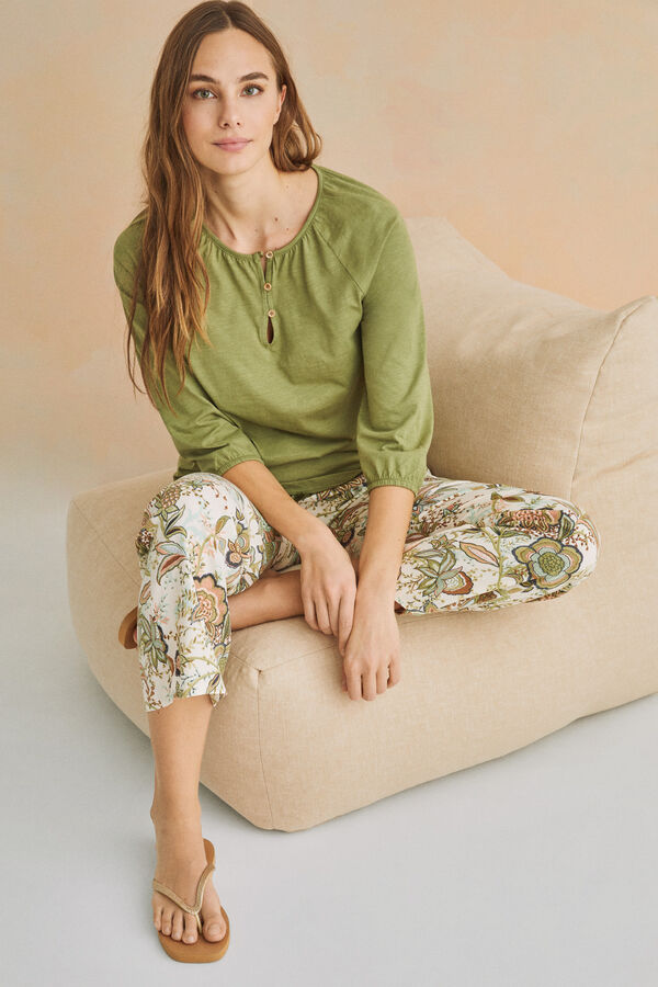 Womensecret Camiseta manga larga 100% algodón verde kaki