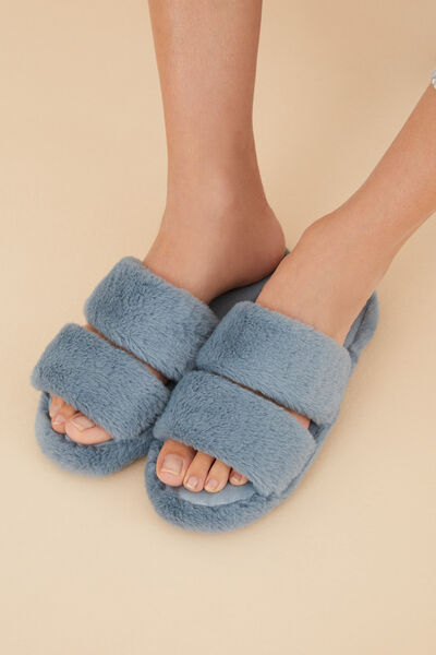 Womensecret Grey furry open toe slippers blue