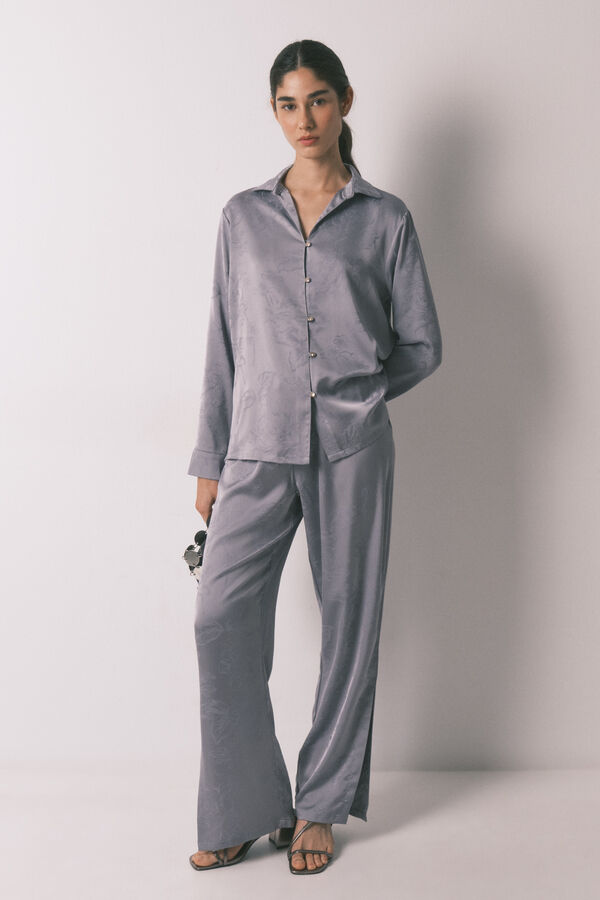 Women'secret Pijama camisero largo satén jacquard gris gris