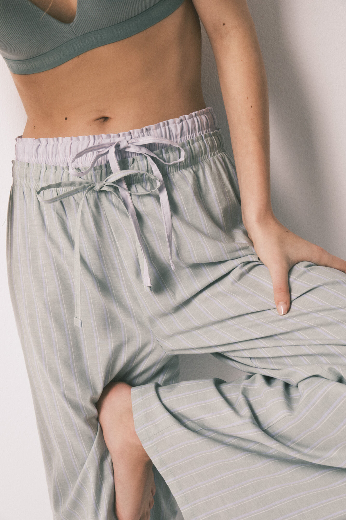 HI&BYE Green striped 100% cotton long pyjamas