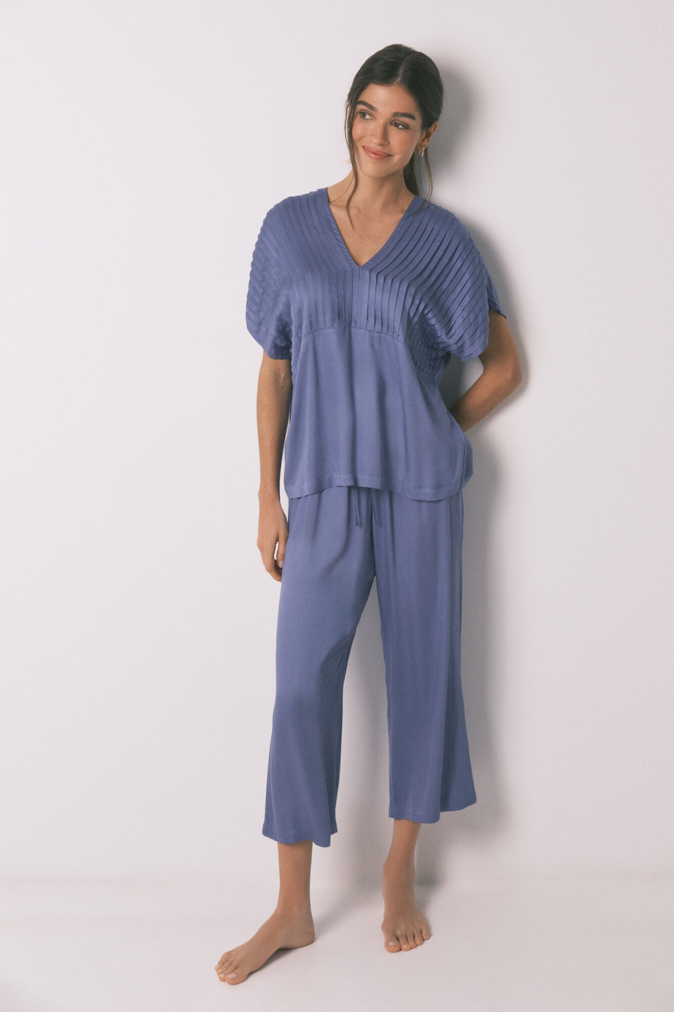 Women'secret Pyjama long bleu d&eacute;collet&eacute; pliss&eacute;