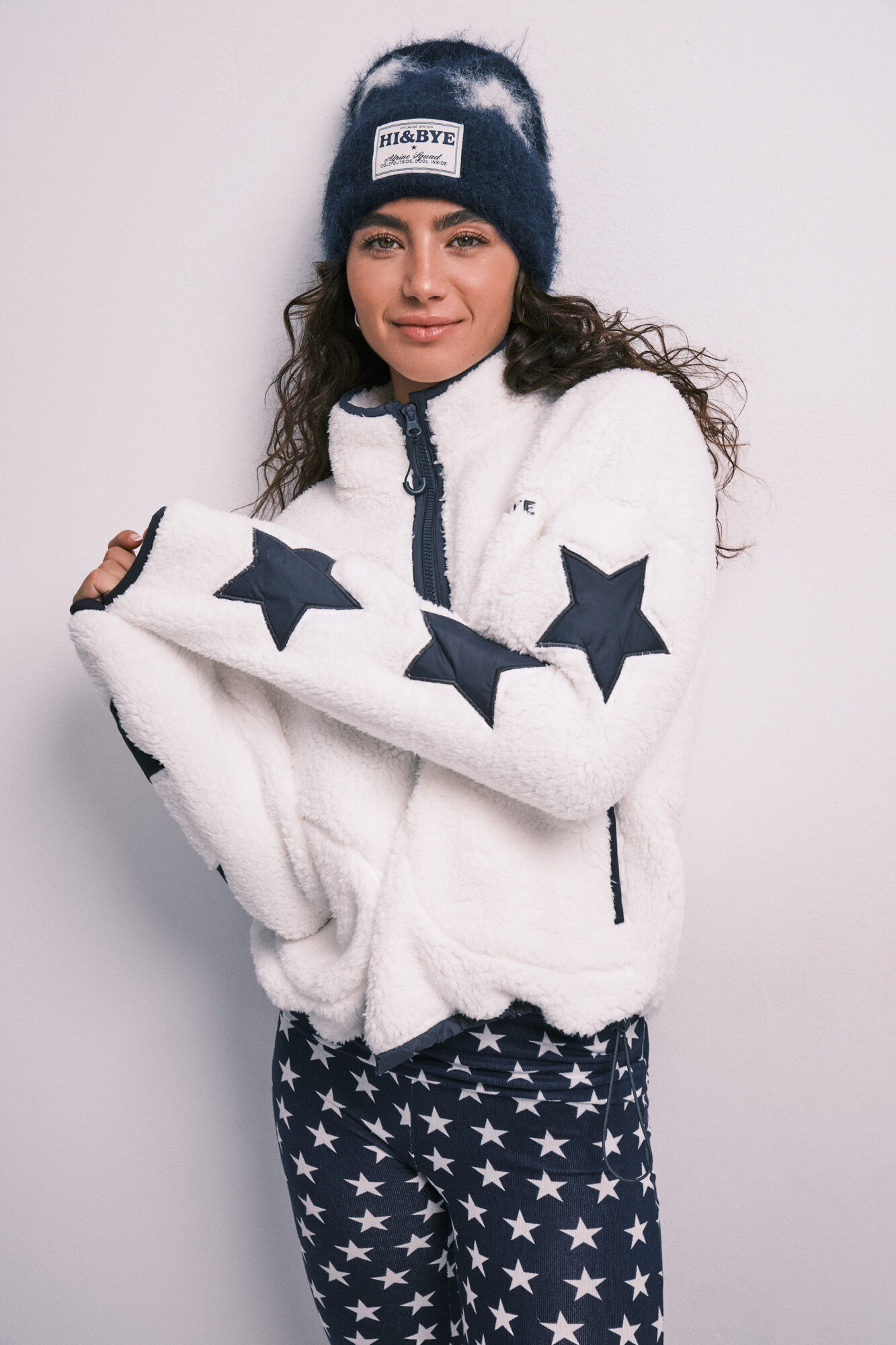 HI&BYE Ecru faux shearling star jacket