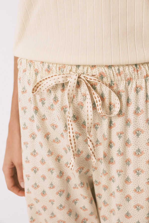 Women'secret Yellow cotton floral print capri pyjamas beige