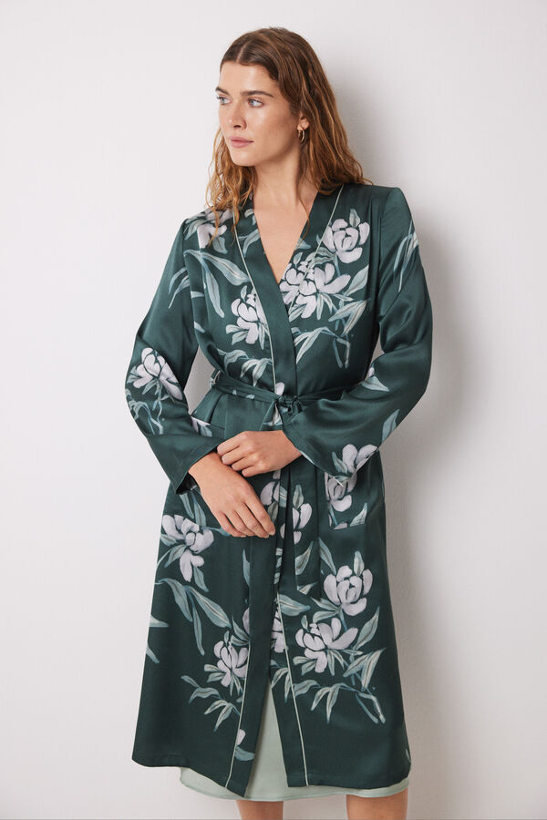 Womensecret Long floral satin robe green