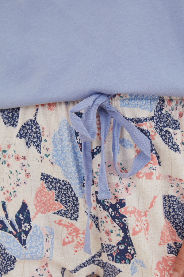 Womensecret Pyjama 100 % Baumwolle Blumen-Patchwork Blau