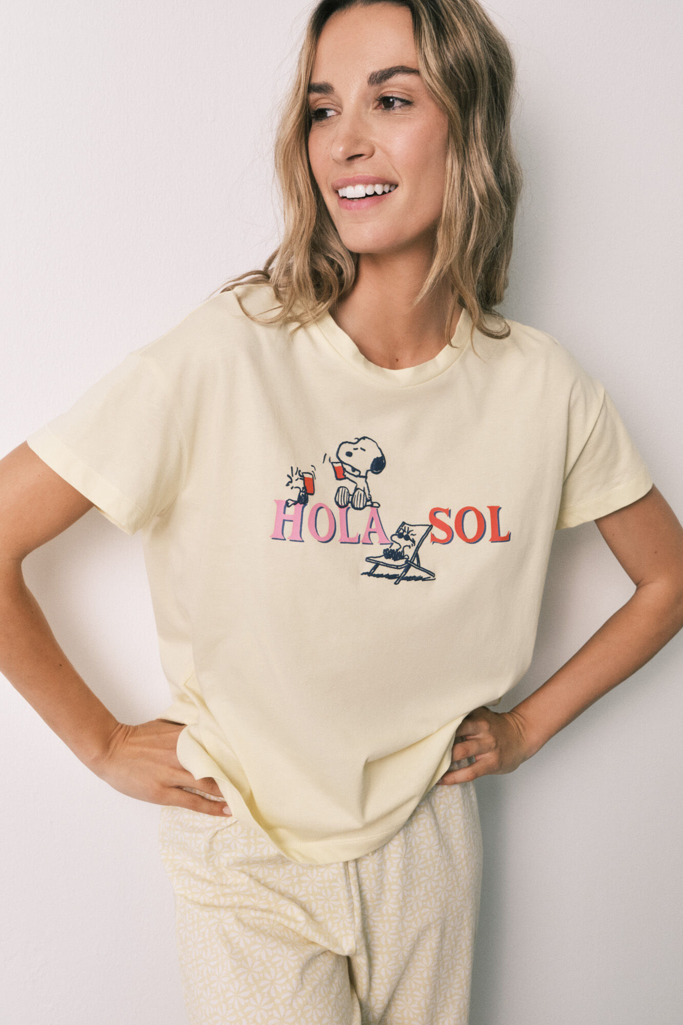 Women'secret Gelber baumwoll-pyjama lang SNOOPY