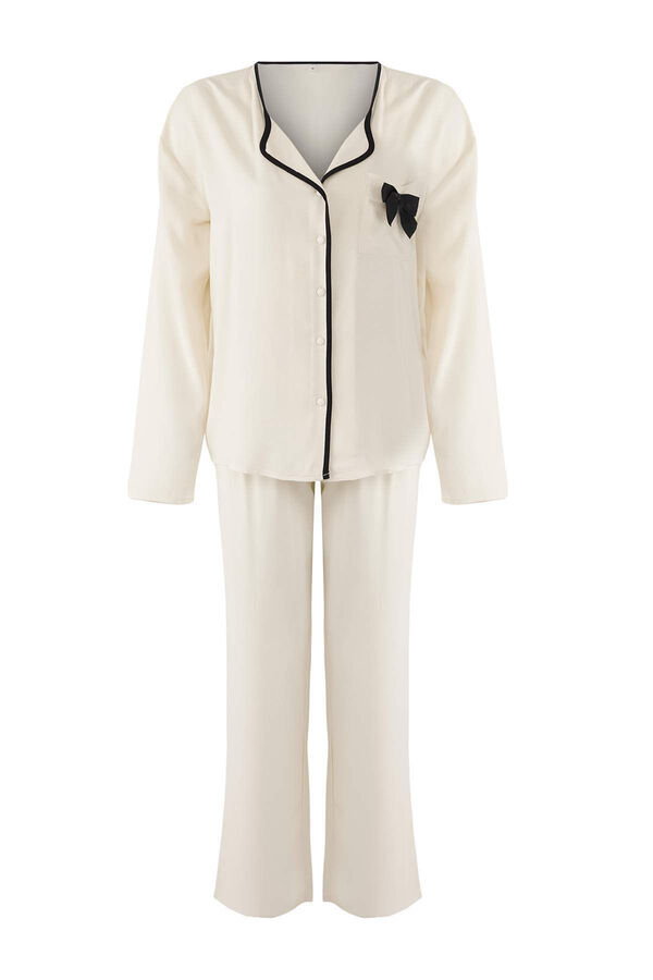 Trendyol Ecru viscose classic pyjamas set with piping and bow or tie Bež