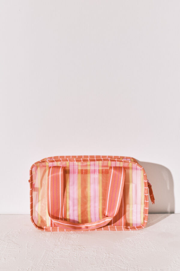 Women'secret Trousse de toilette moyenne en tissu mesh &agrave; rayures rose et orange imprim&eacute;