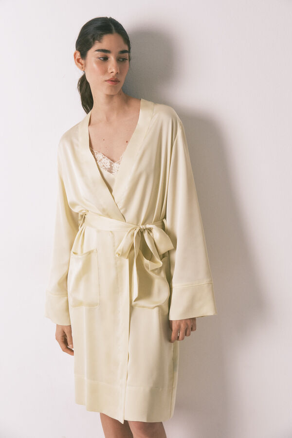 Women'secret Robe de chambre courte satin jaune imprim&eacute;