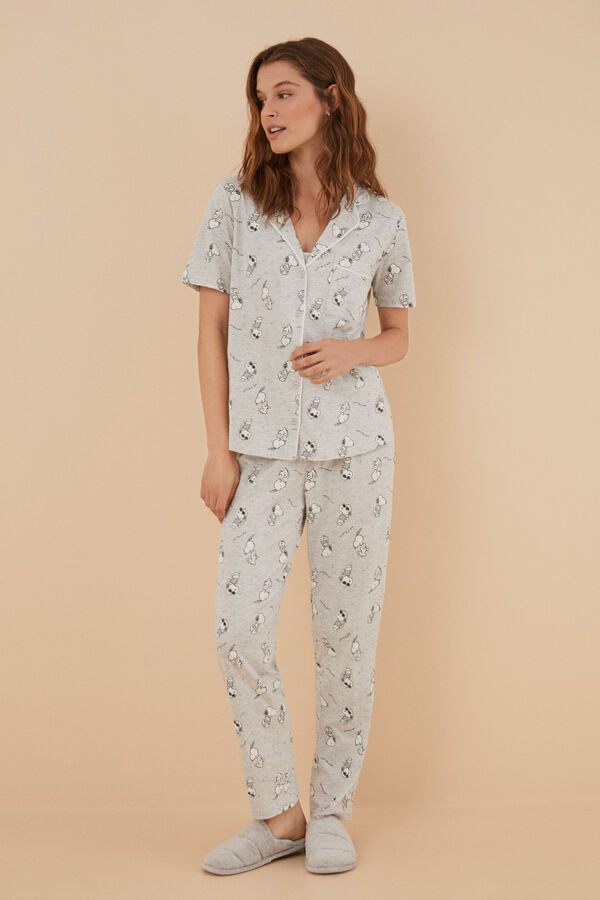 Womensecret Langer Pyjama Hemdlook 100 % Baumwolle Snoopy kurze Ärmel Grau