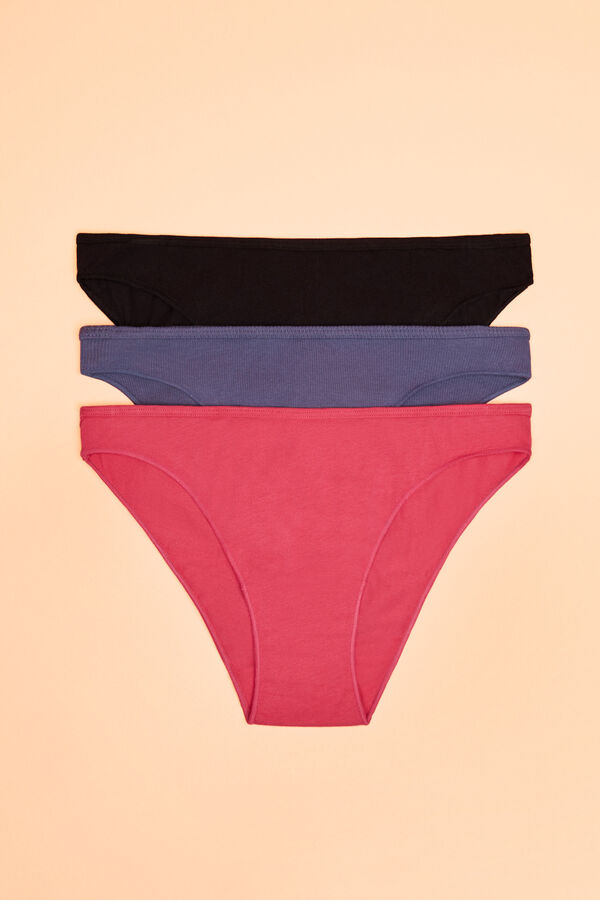 Pack of 3 cotton panties in fuchsia, blue and black, Panties