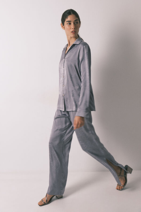 Women'secret Pijama camisero largo satén jacquard gris gris