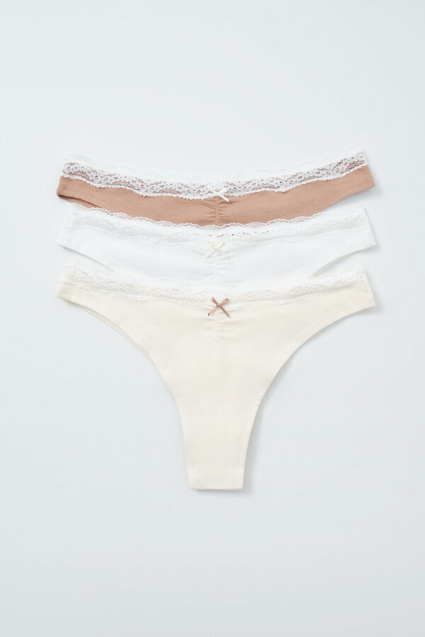 Women'secret Pack 3 bragas brasile&ntilde;a algod&oacute;n lisas encaje white