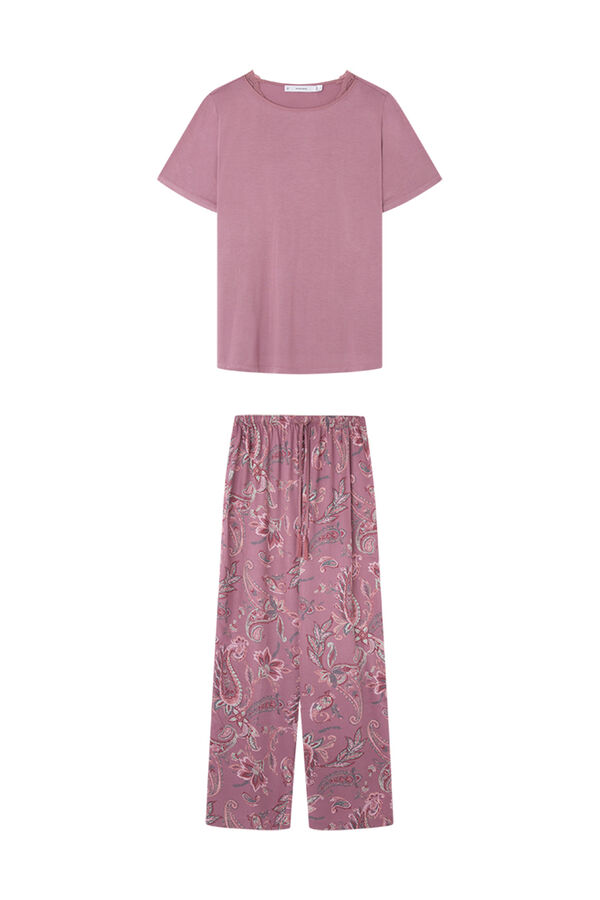 Womensecret Hosszú nadrágos, rövid ujjú rózsaszín pizsama, virágmintás szaténból és viszkózból rózsaszín