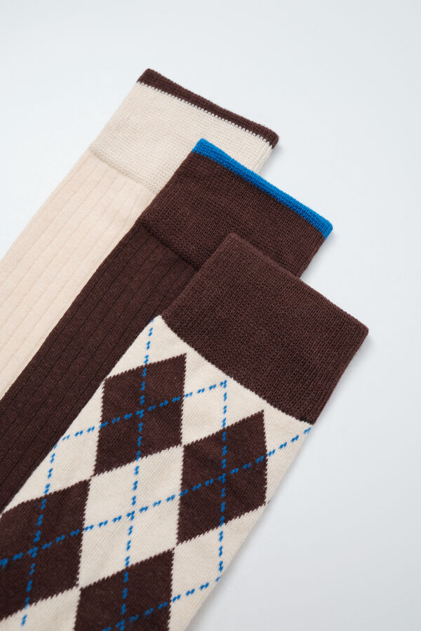Women'secret Lot de 3 chaussettes unies losanges marron imprim&eacute;