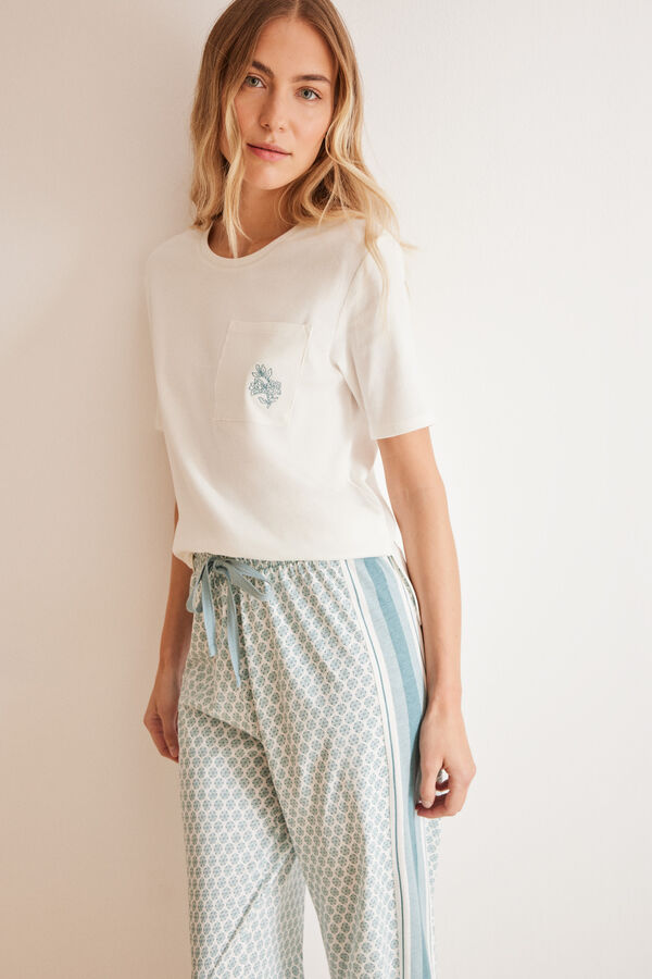 Womensecret Pijama 100% algodón Capri estampado geométrico marfil