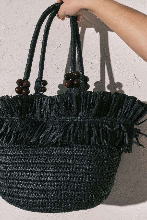 Women'secret Black raffia fringe medium bag black