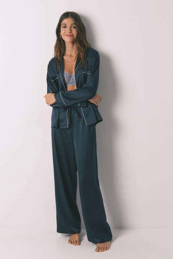Women'secret Long blue satin classic pyjamas blue