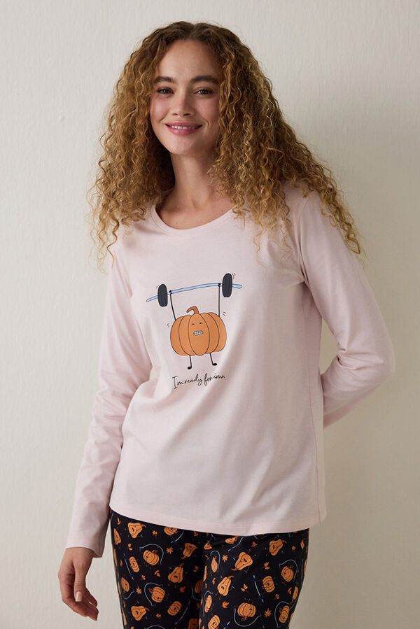 Penti Pumpkin Patterned Crew Neck Long Sleeve Pajama Set printed