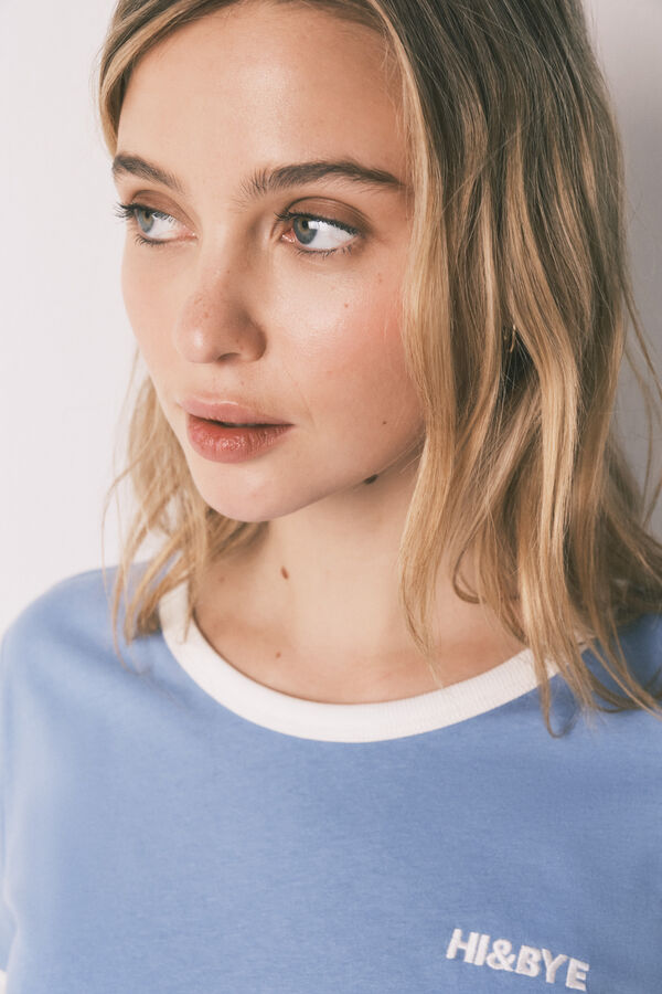 HI&BYE Blue 100% cotton plain short sleeve T-shirt blue