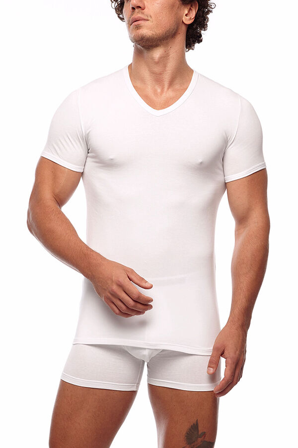 Womensecret Men's thermal short-sleeved V-neck T-shirt white