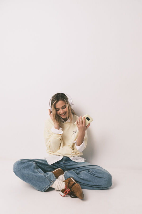 HI&BYE Yellow cotton terry short plain sweatshirt printed