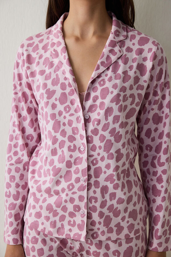 Penti Leopard Patterned Long Sleeve Button-Down Shirt Collar Pajama Set pink