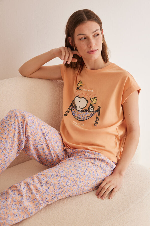 Womensecret Snoopy-mintás pizsama, 100% pamutból piros