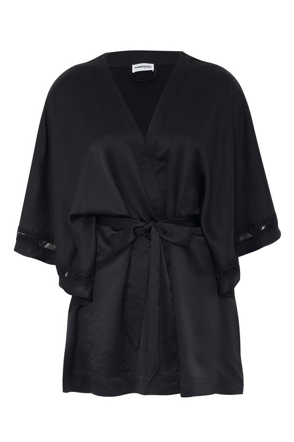 Womensecret Olivia satin kimono with lace and embroidered tulle noir