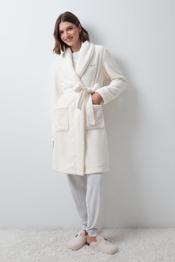 Women'secret Robe de chambre longue crois&eacute;e polaire &eacute;cru beige