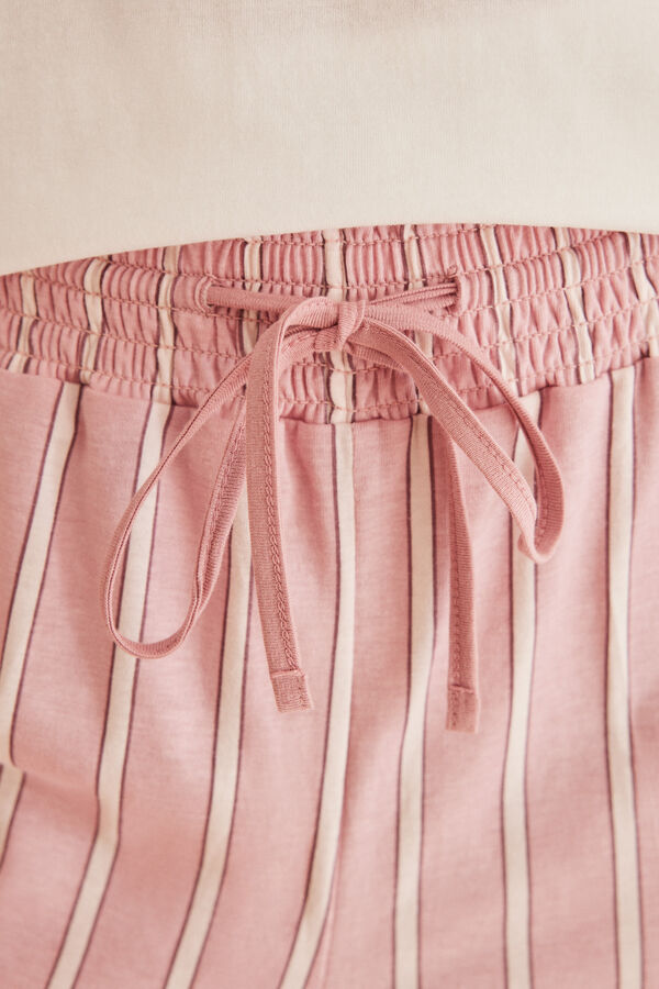 Womensecret Langer Pyjama 100 % Baumwolle Rosa Streifen kurze Ärmel Naturweiß