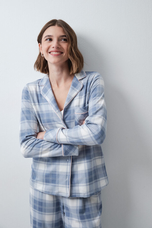 Women'secret Pyjama long chemise &agrave; carreaux bleu